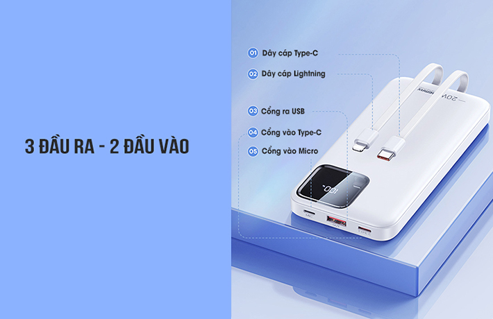 Sạc dự phòng Remax RPP 500 có 3 đầu ra và 2 đầu vào